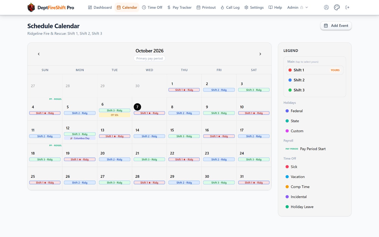The department calendar with each crew color-coded