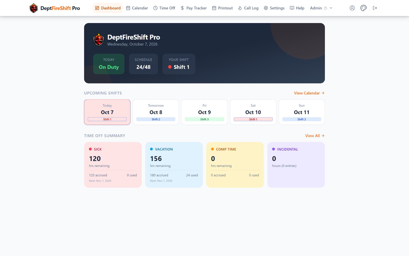 The DeptFireShift Pro dashboard: today's shift, the next shifts and time off balances