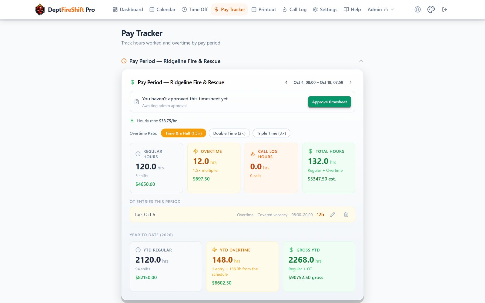 The Pay Tracker with hours and pay for the period